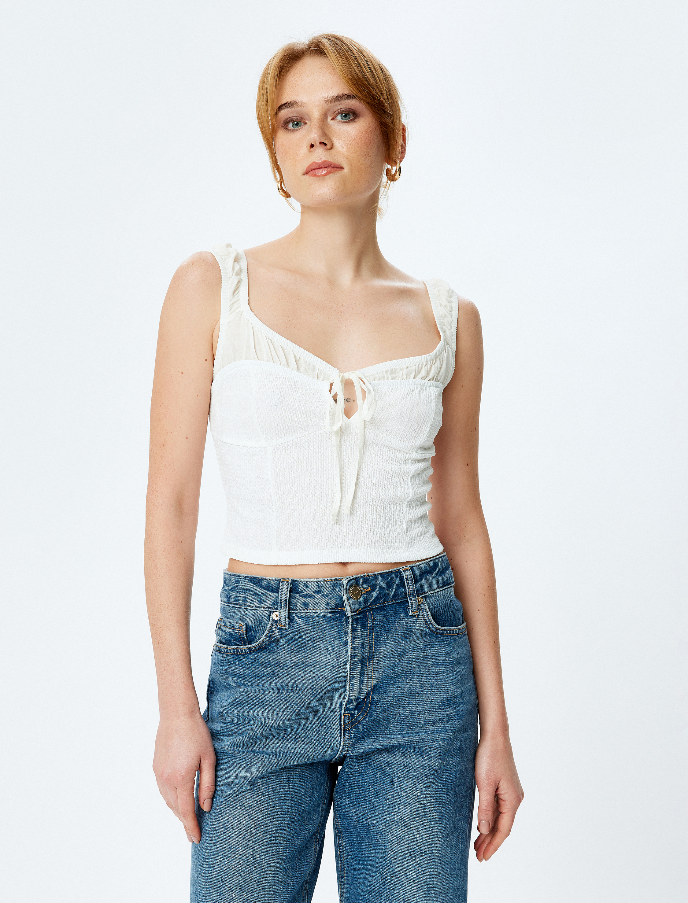   Slim Fit Bağcıklı Kalp Yaka Kalın Askılı Üst