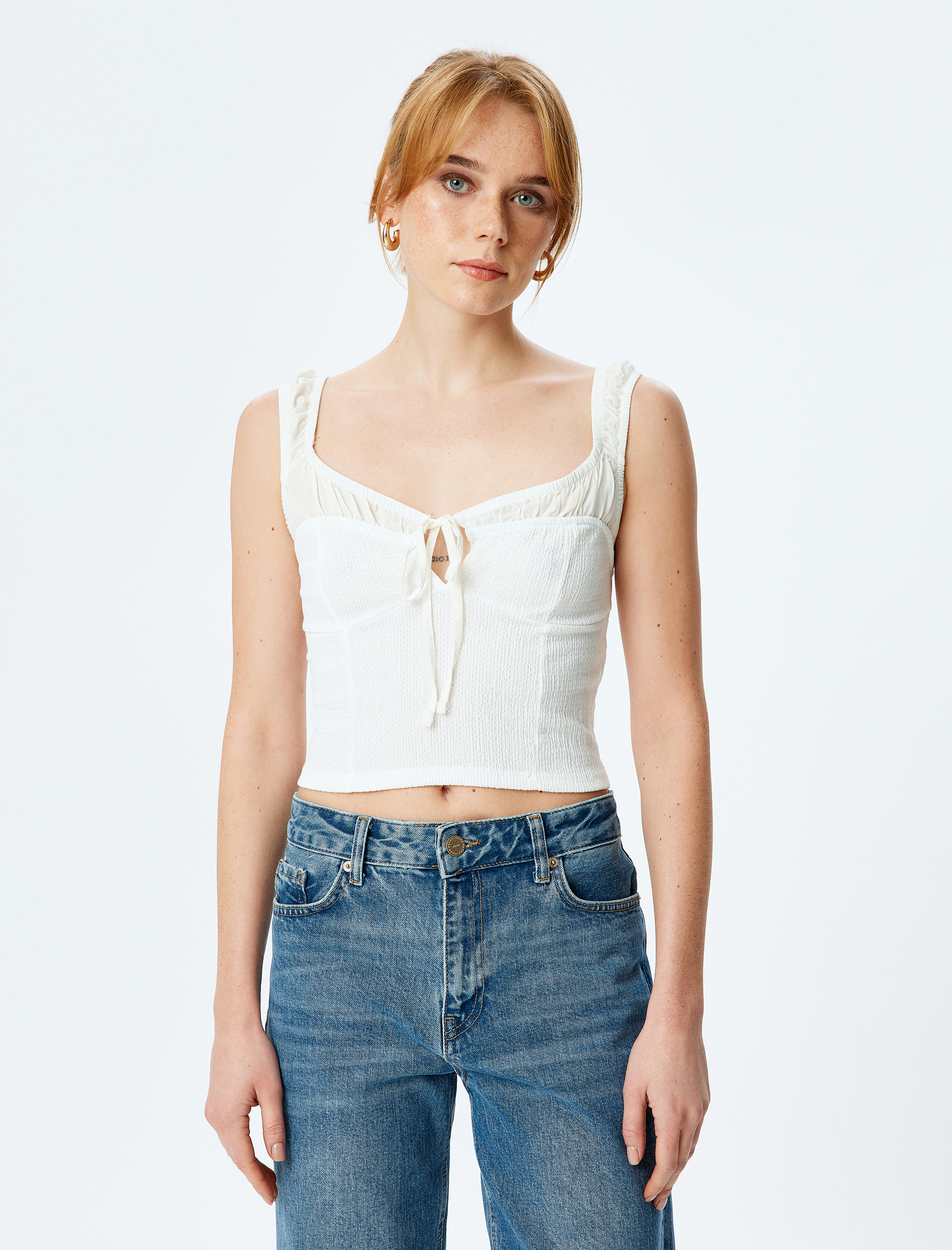   Slim Fit Bağcıklı Kalp Yaka Kalın Askılı Üst