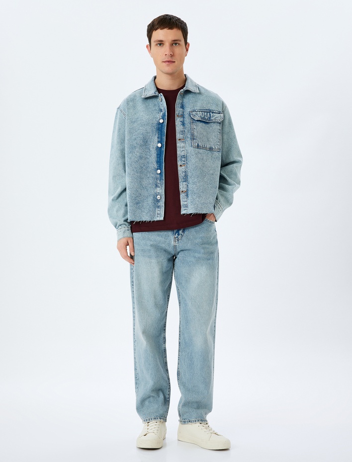 Pamuklu Uzun Kollu Kapaklı Cep Detaylı Oversize Denim Ceket