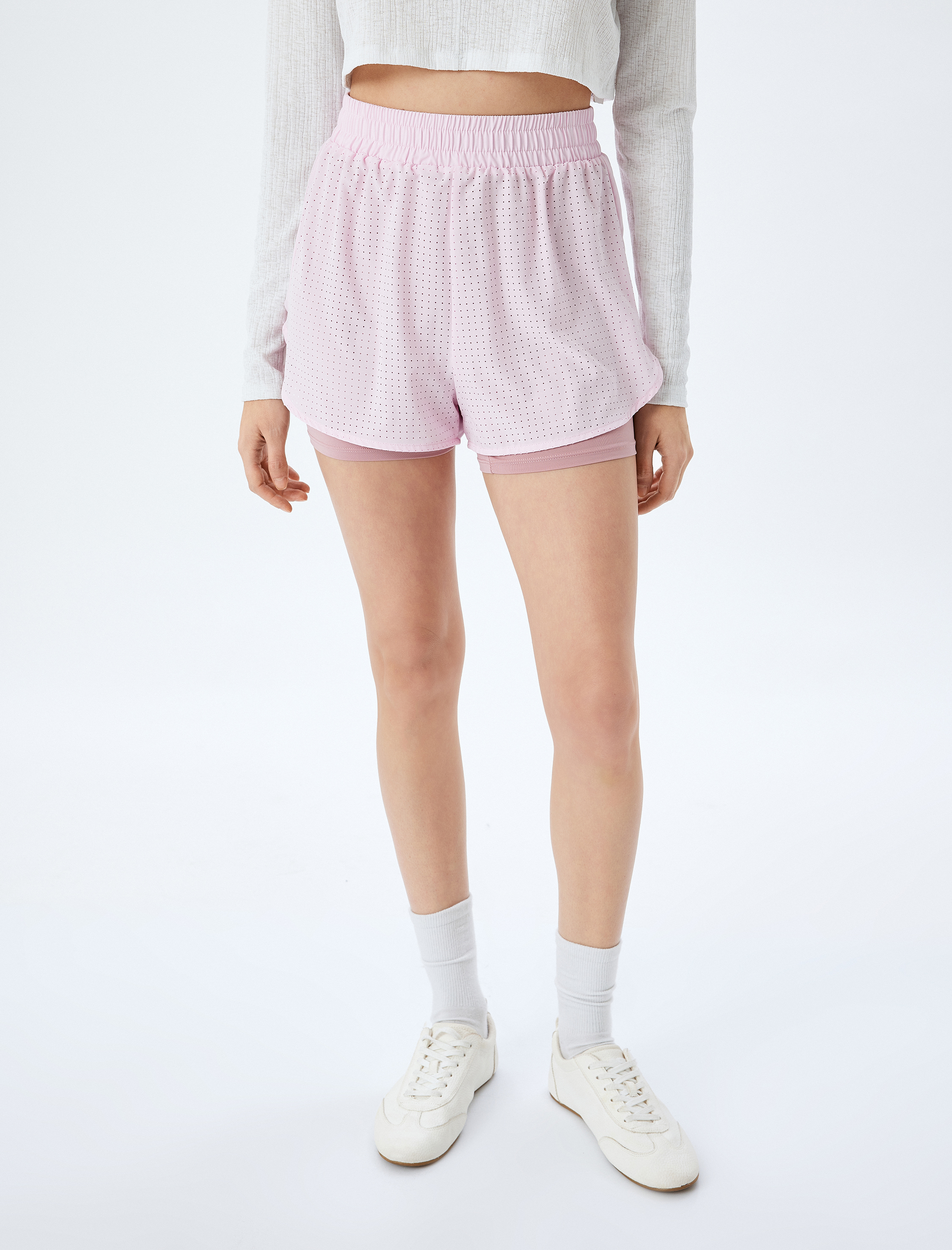   Yüksek Bel Taytlı Renk Bloklu Beli Lastikli Spor Şort