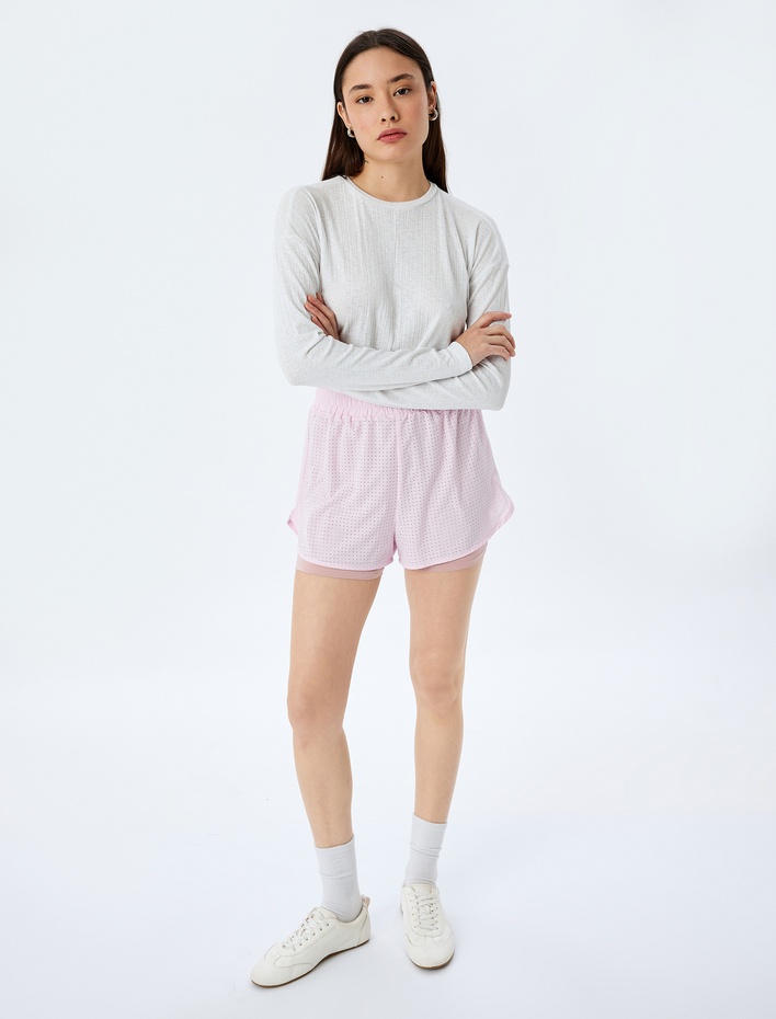  Yüksek Bel Taytlı Renk Bloklu Beli Lastikli Spor Şort