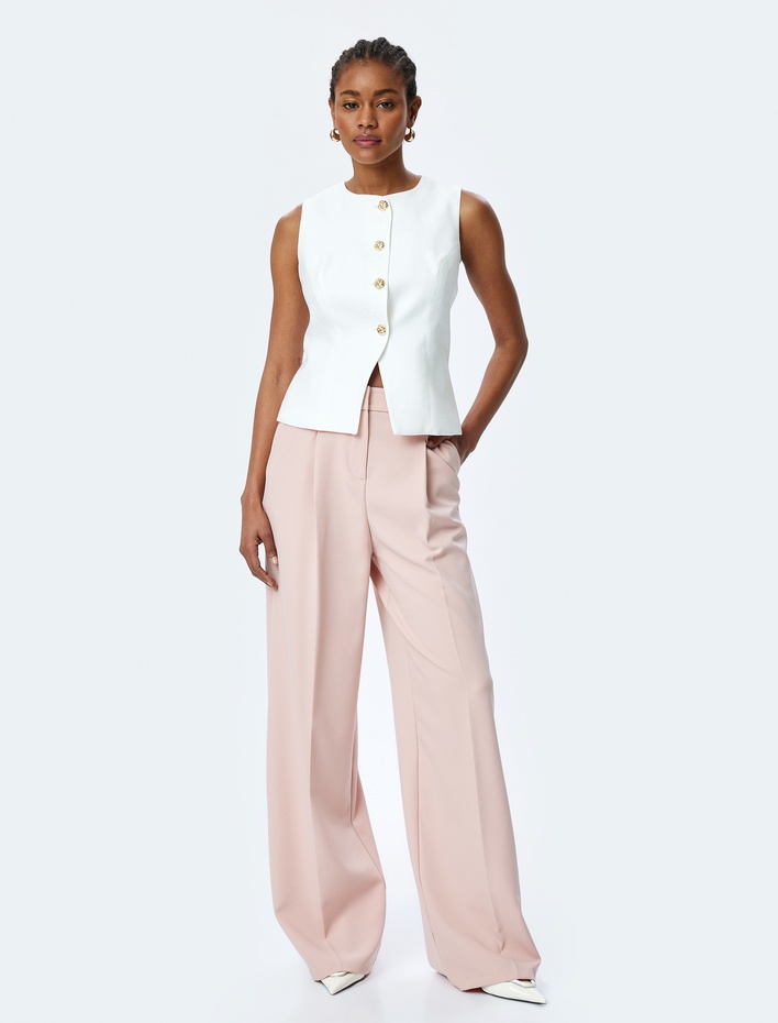  Cepli Pile Detaylı Yüksek Bel Palazzo Pantolon