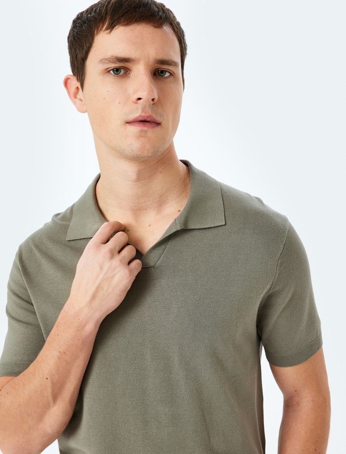  V Polo Yaka Viskon Kısa Kollu Triko Tişört