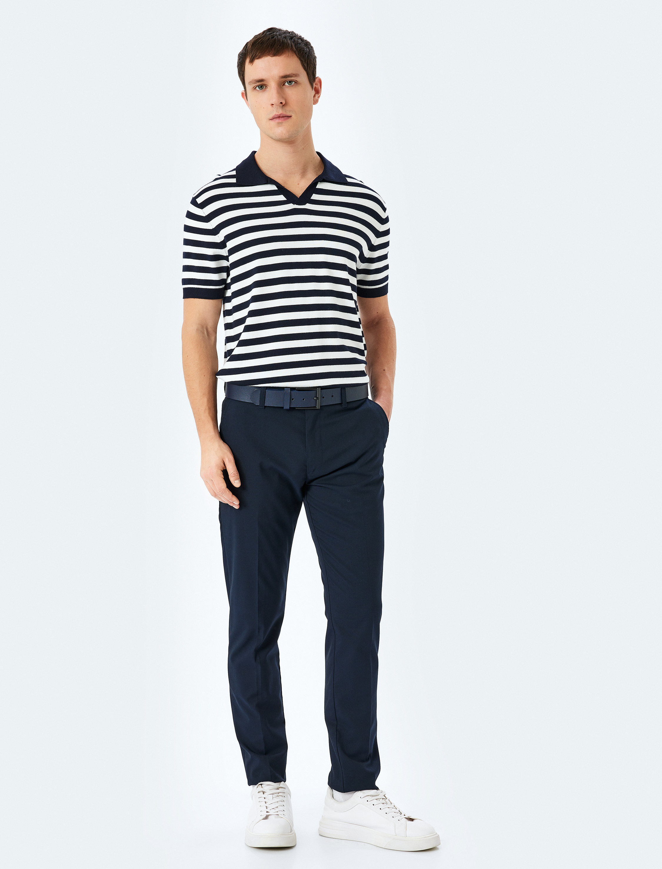   Viskon Çizgili Kısa Kollu Polo V Yaka Triko Tişört