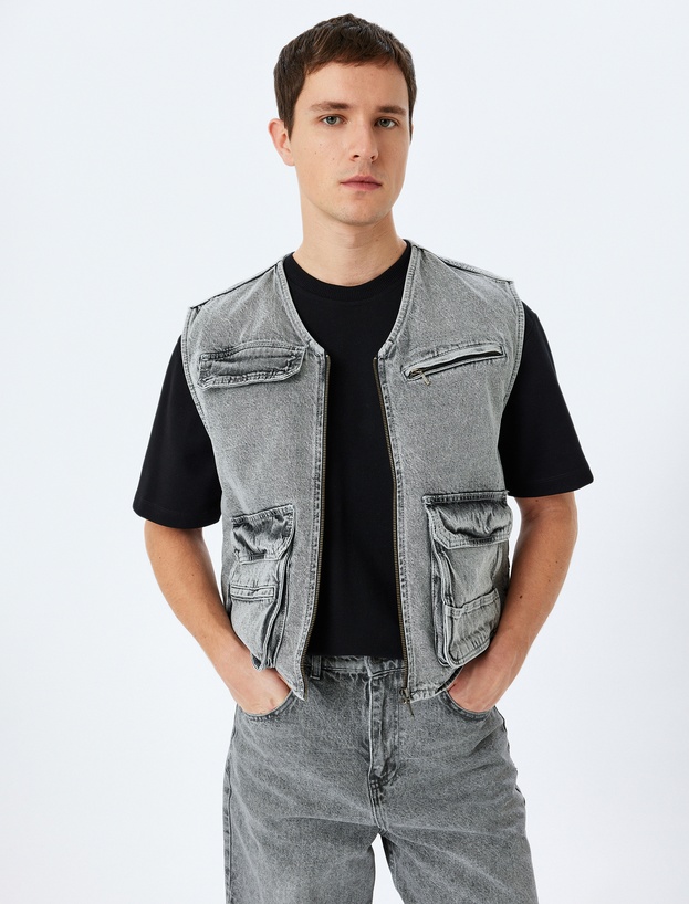 Kapaklı Cep Detaylı Pamuklu V Yaka Kolsuz Oversize Denim Yelek_0