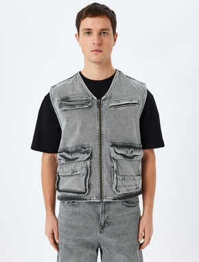 Kapaklı Cep Detaylı Pamuklu V Yaka Kolsuz Oversize Denim Yelek_2