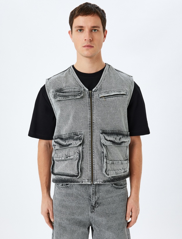 Kapaklı Cep Detaylı Pamuklu V Yaka Kolsuz Oversize Denim Yelek_2