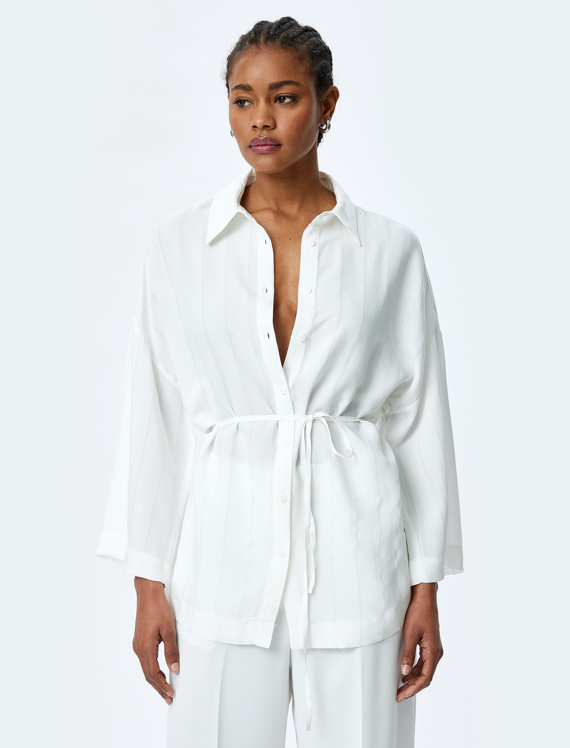   Kemerli 3/4 Kimono Kol Viskon Oversize Gömlek