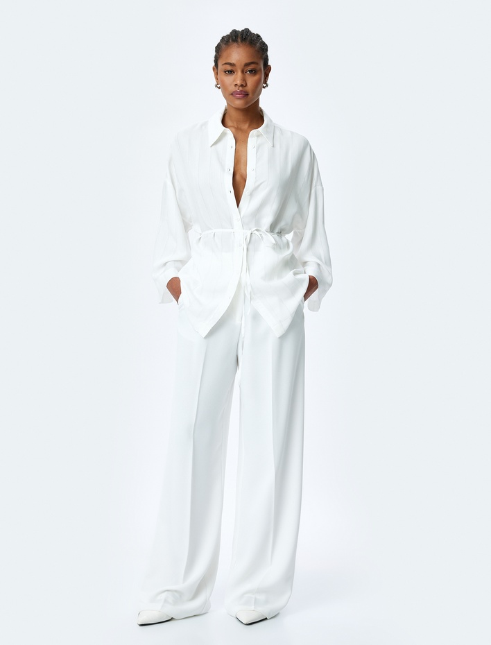  Kemerli 3/4 Kimono Kol Viskon Oversize Gömlek