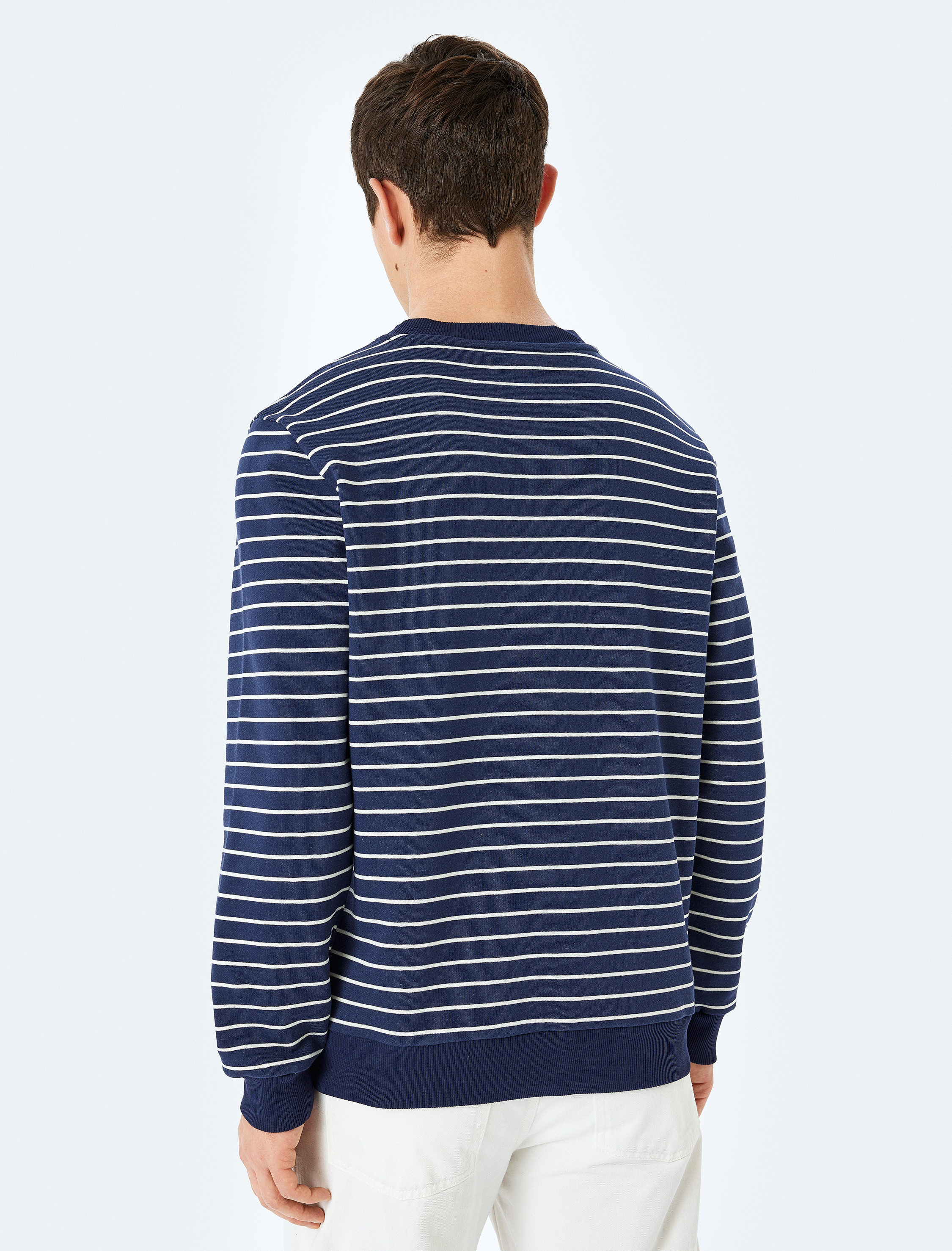   Pamuklu Uzun Kollu Bisiklet Yaka Çizgili Sweatshirt