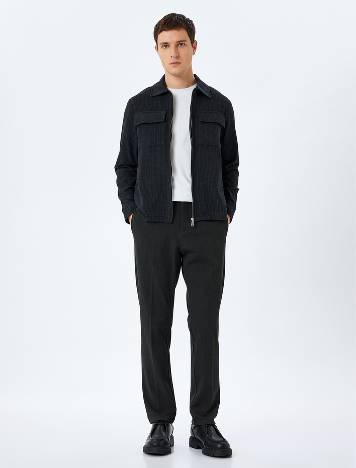  Fermuarlı Kapaklı Cepli Viskon Karışımlı Uzun Kollu Çizgili Polo Yaka Gömlek Ceket