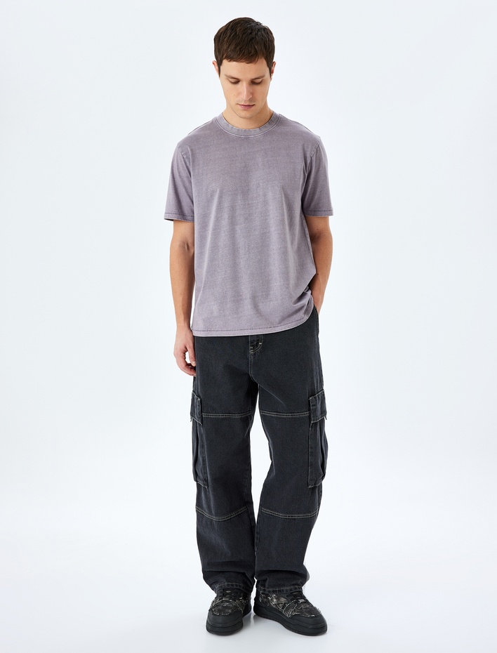  Pamuklu Yıkamalı Regular Fit Kısa Kollu Bisiklet Yaka Tişört