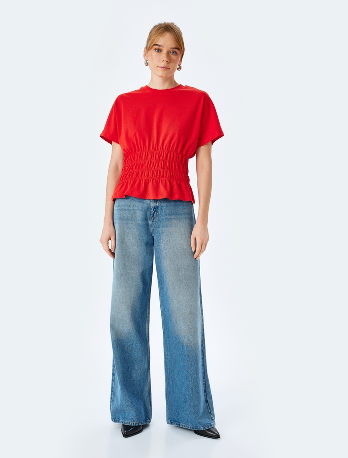  Pamuklu Bisiklet Yaka Kısa Kollu Gipeli Tişört