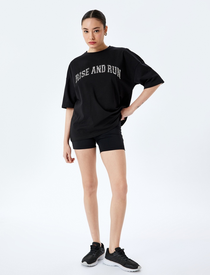  Slogan Baskılı Yarım Kollu Pamuklu Oversize Tişört