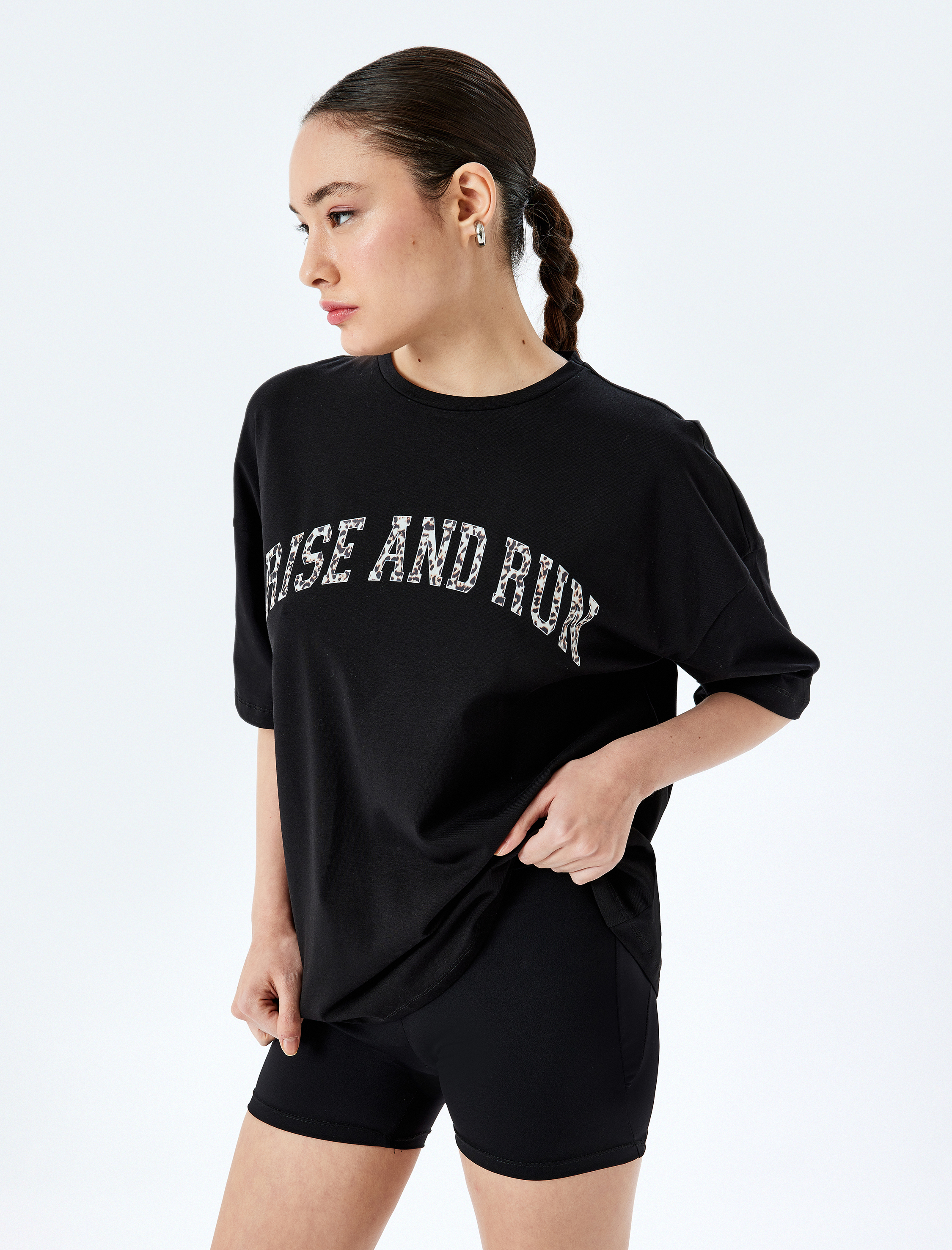   Slogan Baskılı Yarım Kollu Pamuklu Oversize Tişört