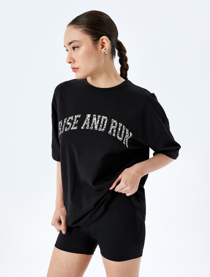  Slogan Baskılı Yarım Kollu Pamuklu Oversize Tişört