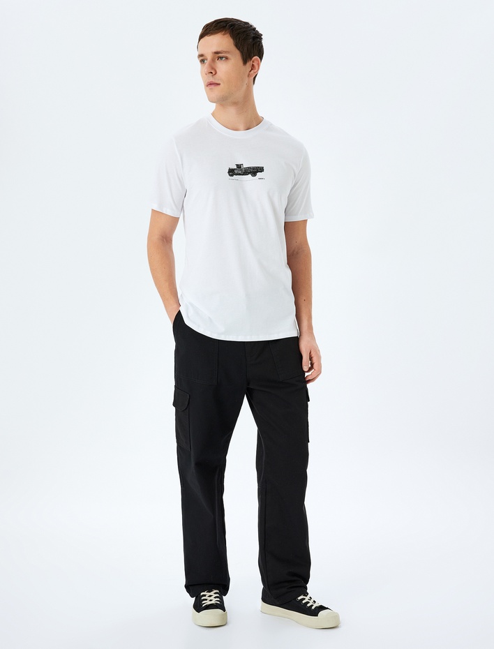  Kısa Kollu Pamuklu Bisiklet Yaka Baskılı Slim Fit Tişört