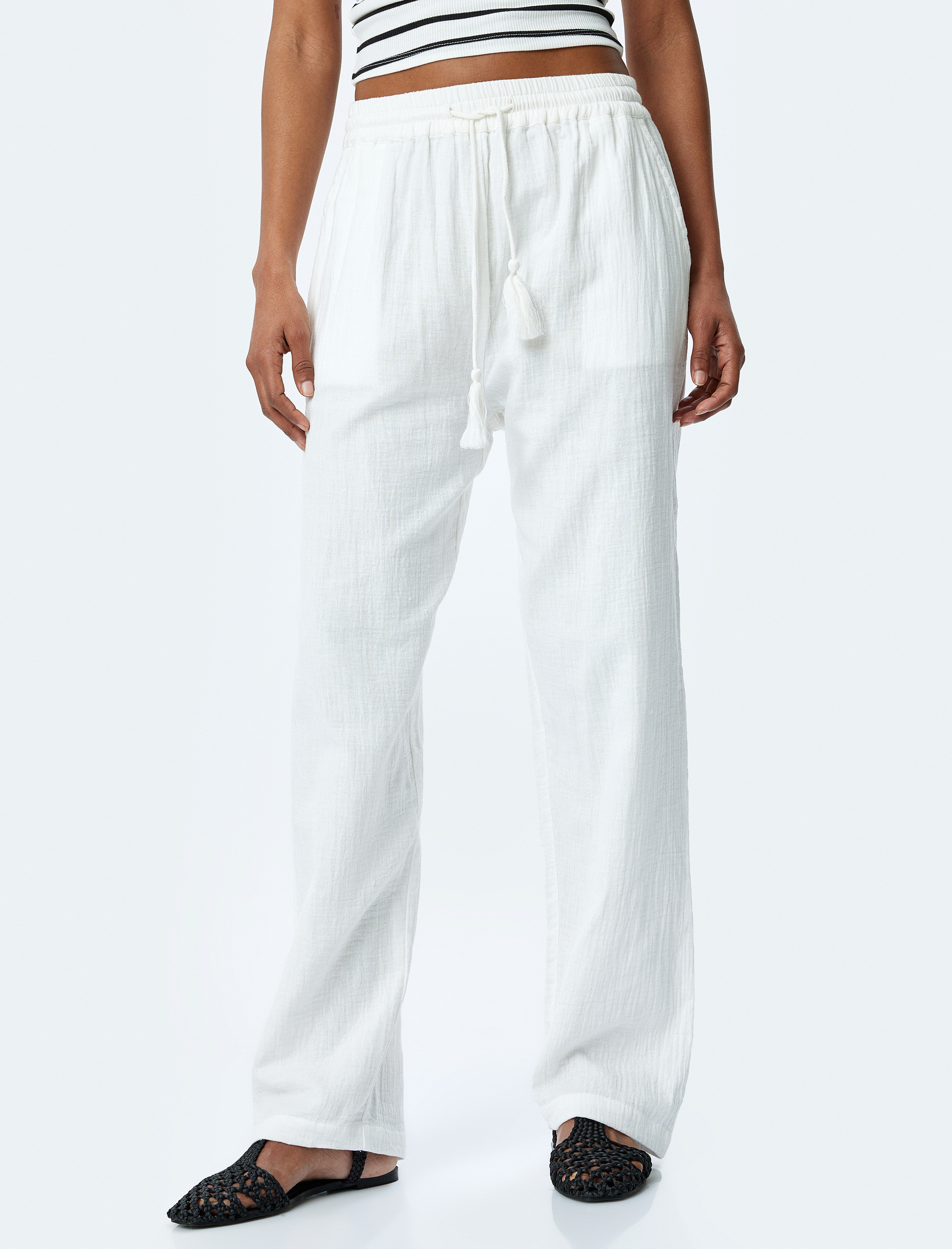   Pamuklu Rahat Kalıp Beli Bağcıklı Cepli Müslin Pantolon