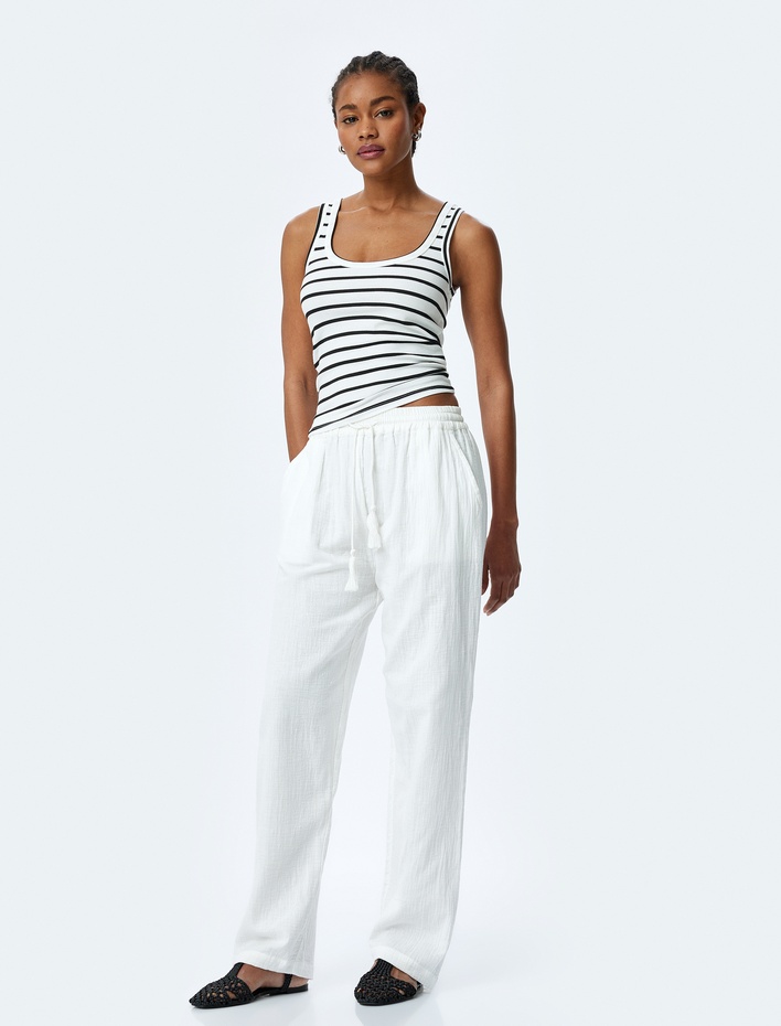  Pamuklu Rahat Kalıp Beli Bağcıklı Cepli Müslin Pantolon