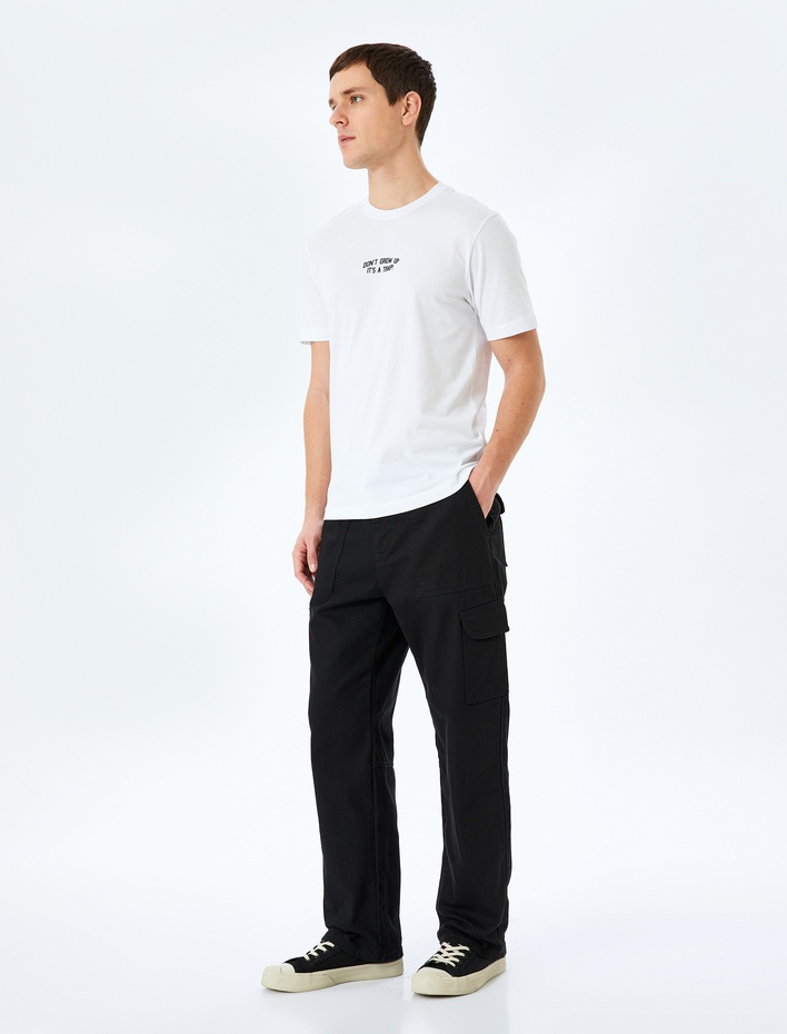  Kısa Kollu Bisiklet Yaka Slogan Baskılı Pamuklu Slim Fit Tişört
