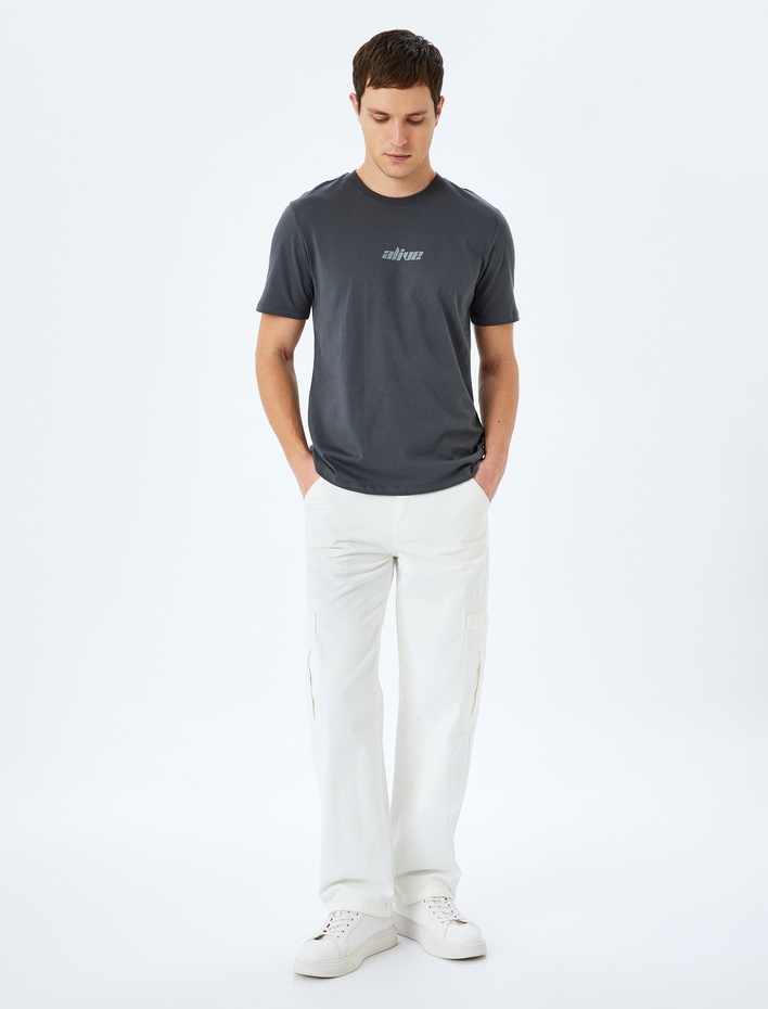  Slogan Baskılı Pamuklu Bisiklet Yaka Kısa Kollu Slim Fit Tişört