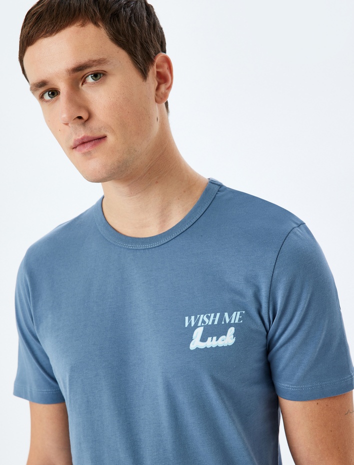  Slogan Baskılı Pamuklu Bisiklet Yaka Kısa Kollu Slim Fit Tişört