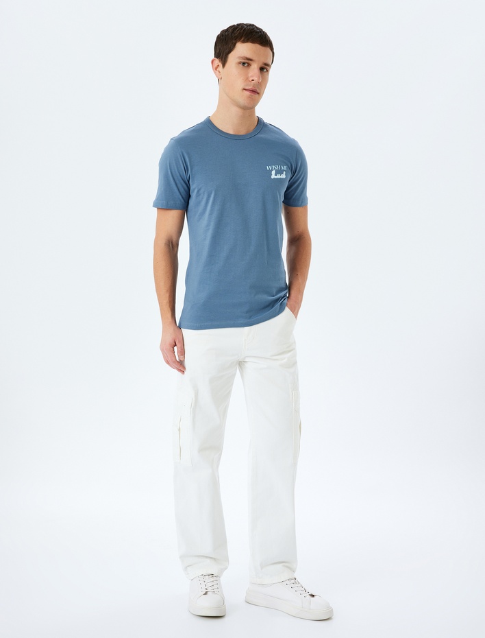  Slogan Baskılı Pamuklu Bisiklet Yaka Kısa Kollu Slim Fit Tişört