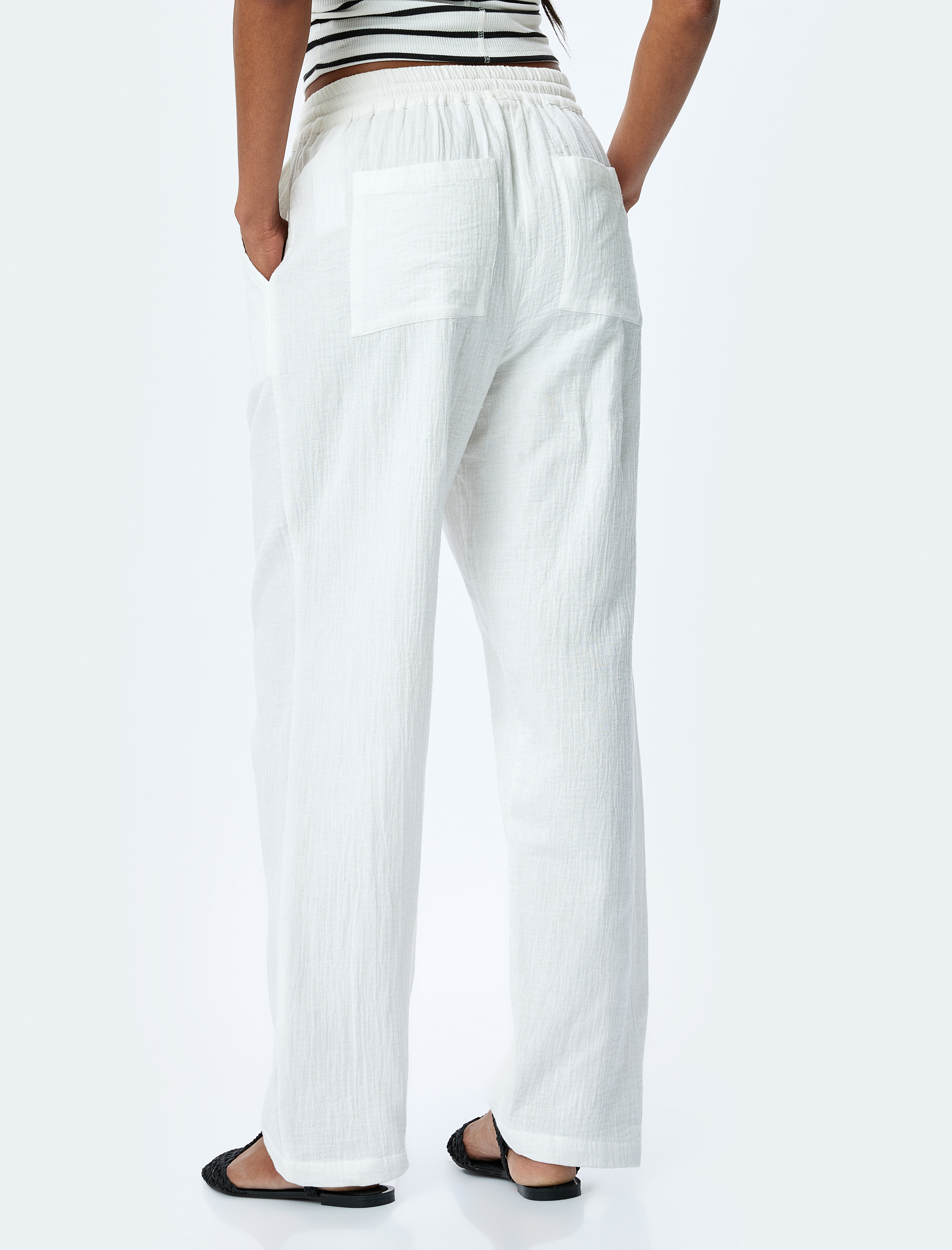   Pamuklu Rahat Kalıp Beli Bağcıklı Cepli Müslin Pantolon