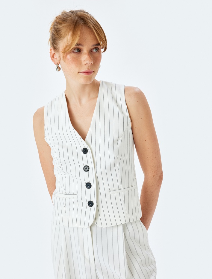  Viskon Kumaş Karışımlı Astarlı V Yaka Düğmeli Blazer Yelek