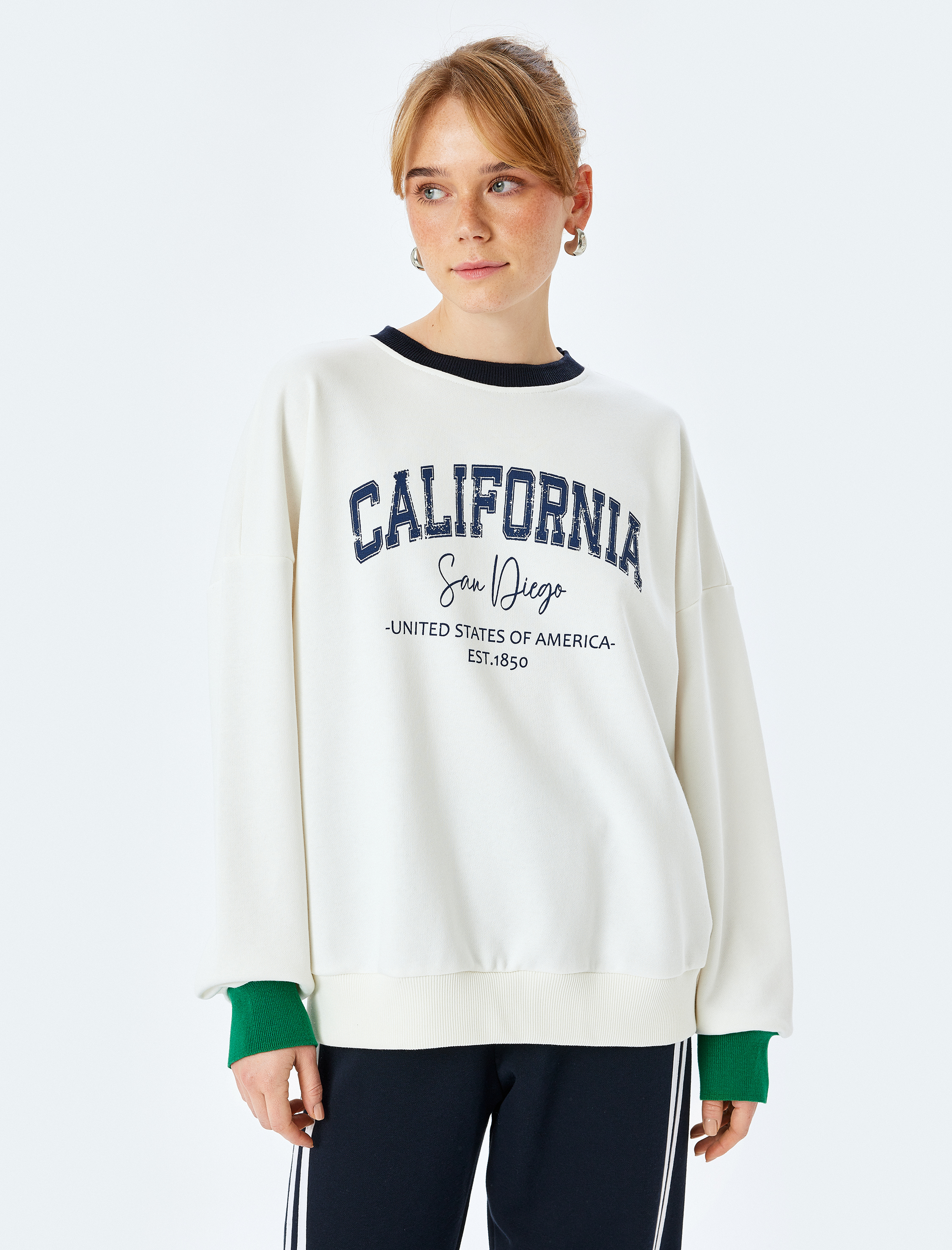   Bisiklet Yaka Uzun Kollu Baskılı Oversize Sweatshirt