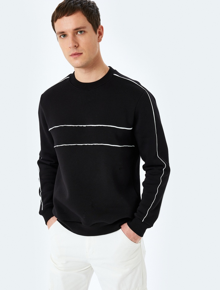  Pamuk Karışımlı Uzun Kollu Şardonlu Biyeli Bisiklet Yaka Sweatshirt