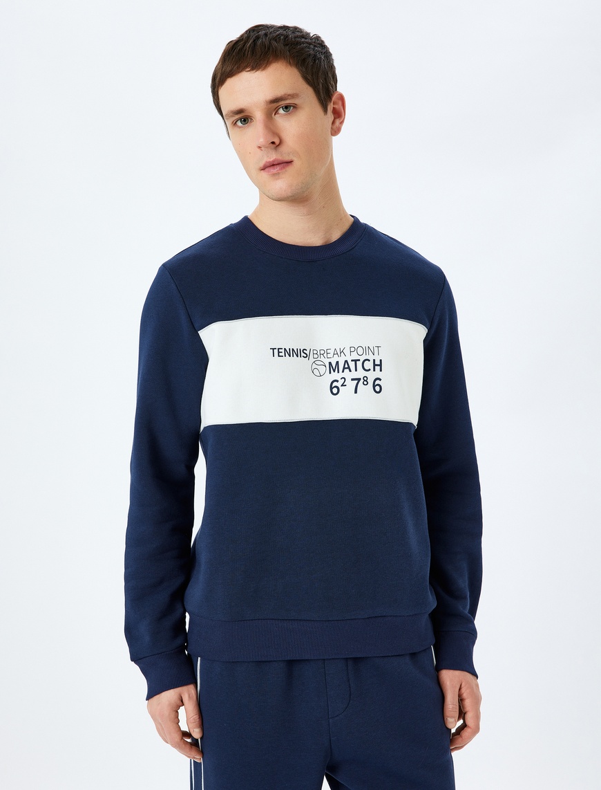   Bisiklet Yaka Renk Bloklu Pamuk Karışımlı Slogan Baskılı Sweatshirt