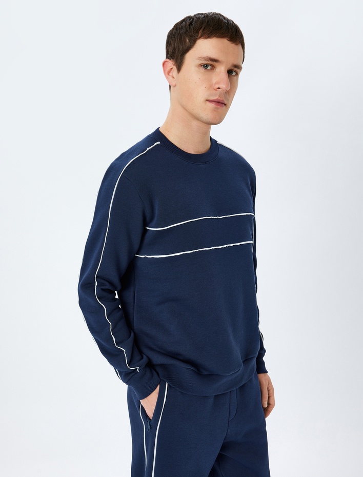  Pamuk Karışımlı Uzun Kollu Şardonlu Biyeli Bisiklet Yaka Sweatshirt