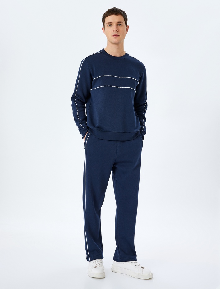  Pamuk Karışımlı Uzun Kollu Şardonlu Biyeli Bisiklet Yaka Sweatshirt