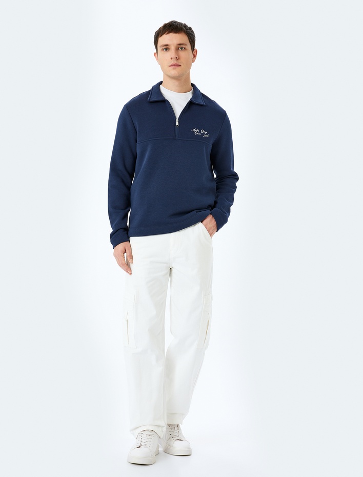  Slogan İşlemeli Pamuk Karışımlı Şardonlu Dikiş Detaylı Yarım Fermuarlı Sweatshirt
