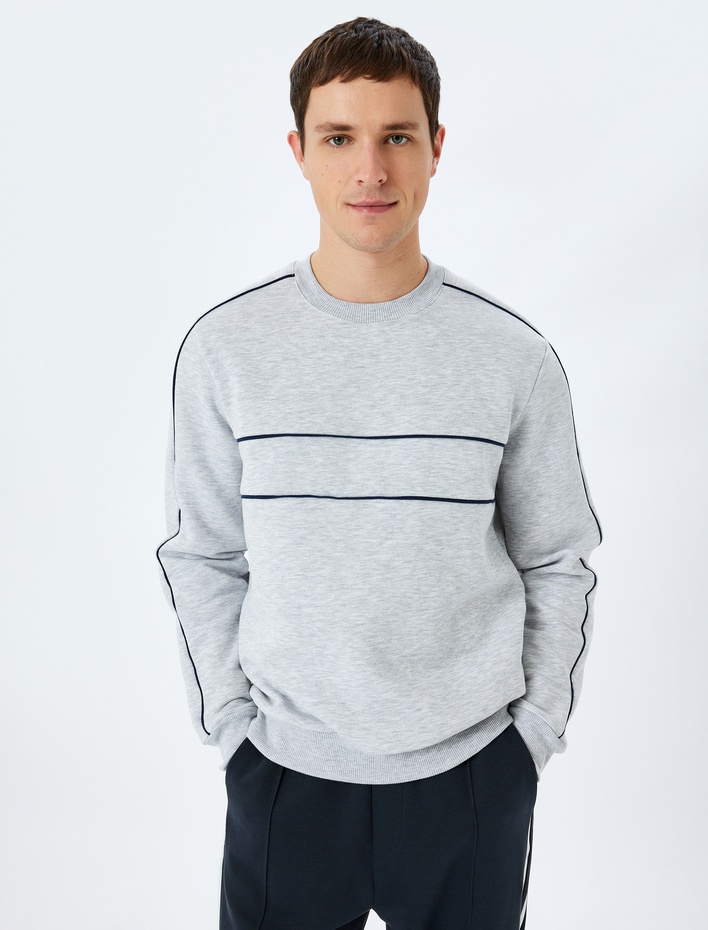  Pamuk Karışımlı Uzun Kollu Şardonlu Biyeli Bisiklet Yaka Sweatshirt