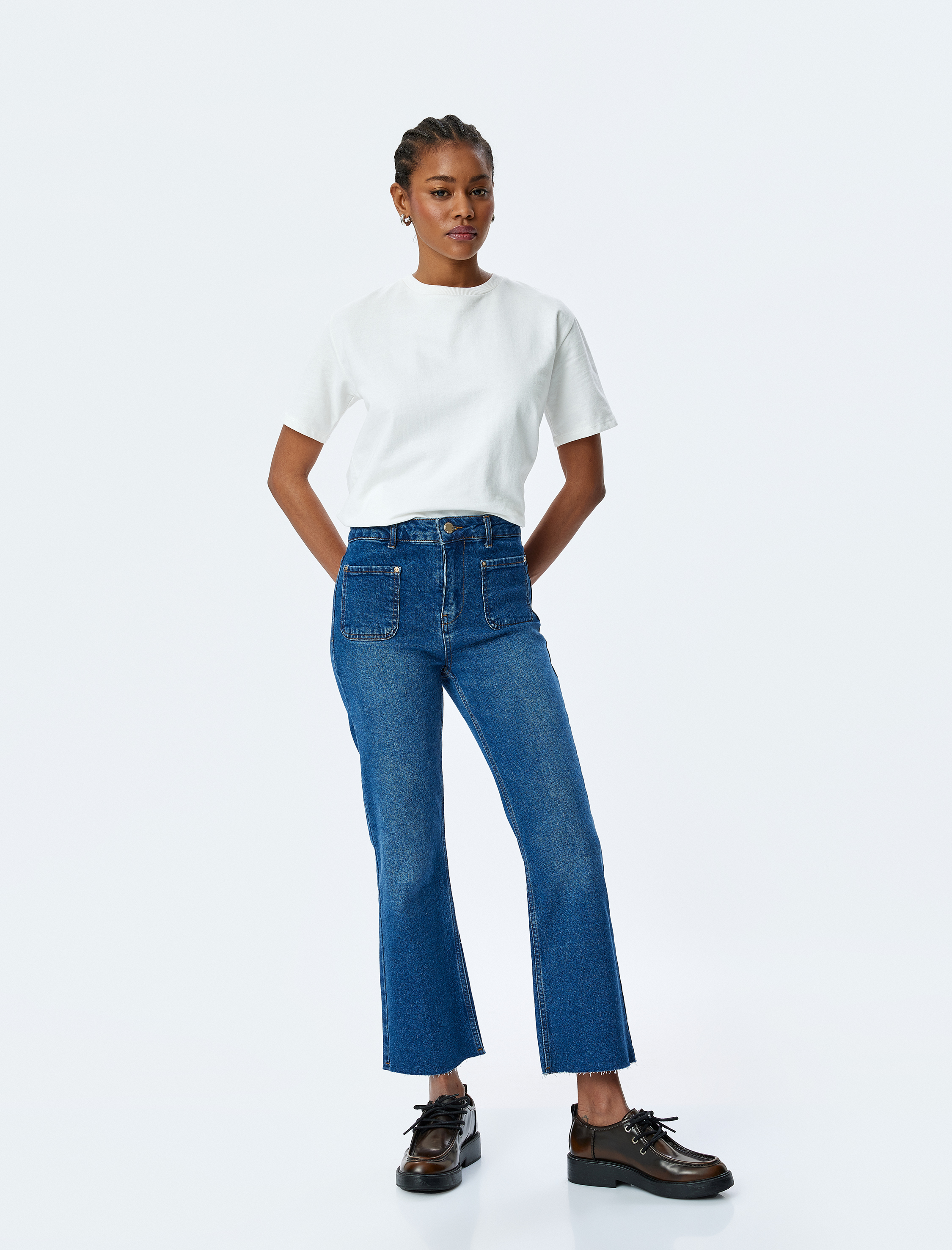   İspanyol Paça Düğmeli Normal Bel Denim Pantolon -  Kick Flare Jeans