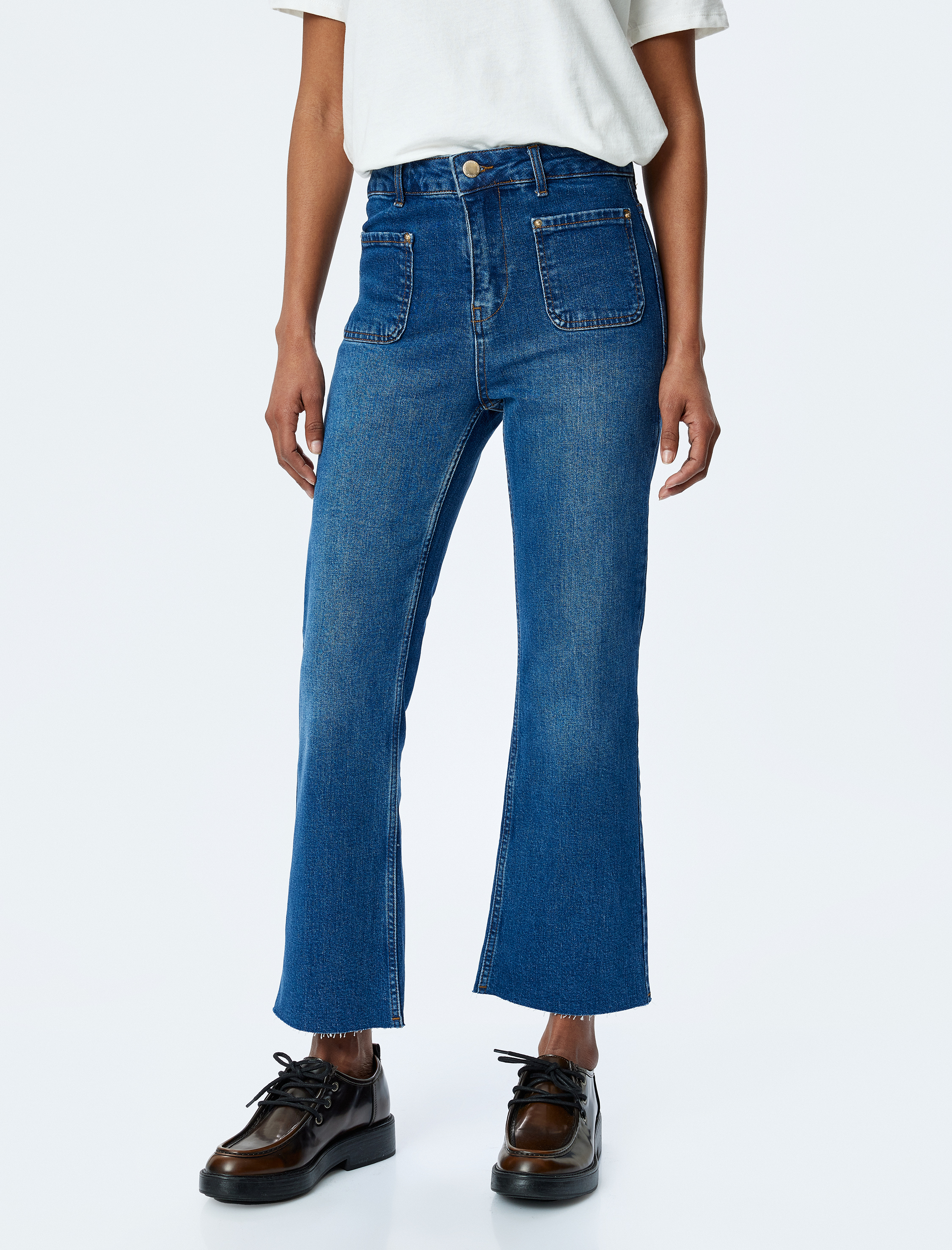   İspanyol Paça Düğmeli Normal Bel Denim Pantolon -  Kick Flare Jeans