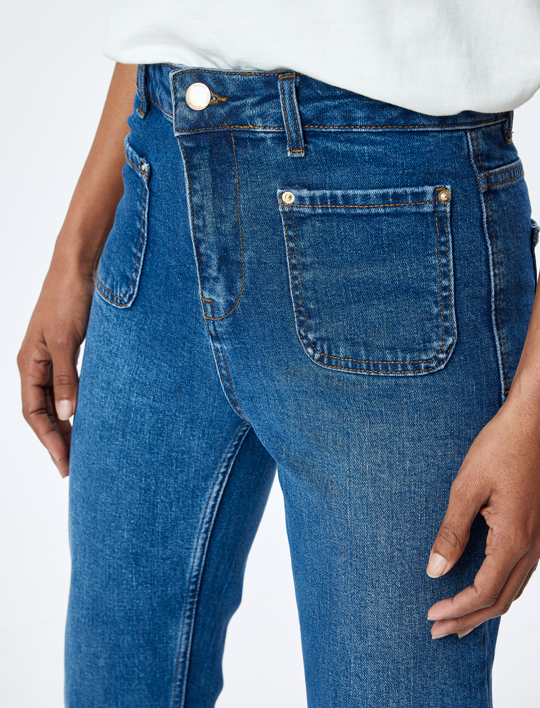   İspanyol Paça Düğmeli Normal Bel Denim Pantolon -  Kick Flare Jeans