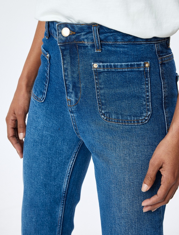 İspanyol Paça Düğmeli Normal Bel Denim Pantolon -  Flare Jeans_4