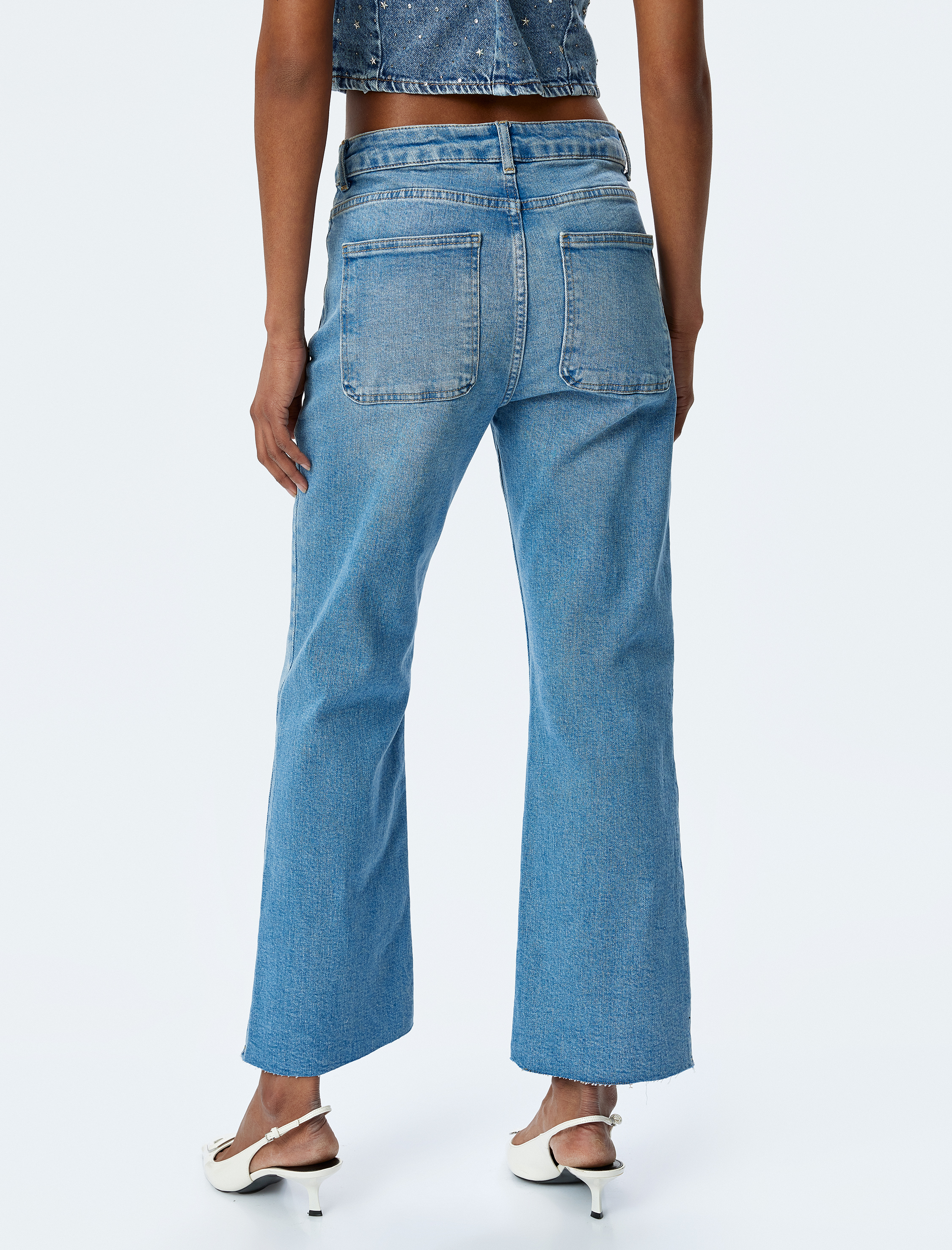   İspanyol Paça Düğmeli Normal Bel Denim Pantolon -  Kick Flare Jeans