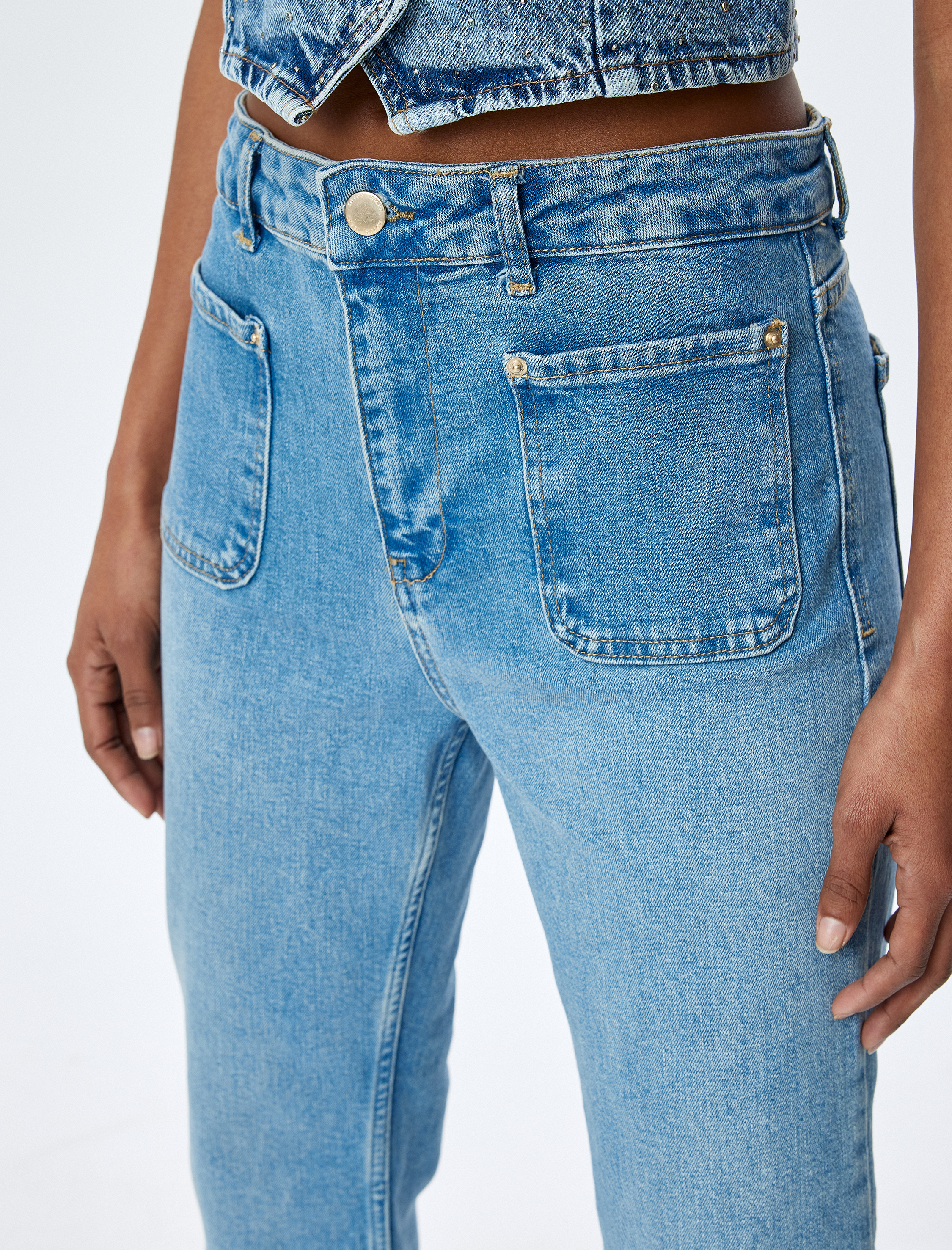   İspanyol Paça Düğmeli Normal Bel Denim Pantolon -  Kick Flare Jeans