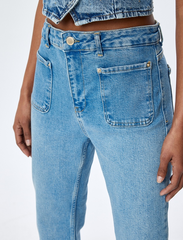 İspanyol Paça Düğmeli Normal Bel Denim Pantolon -  Flare Jeans_4