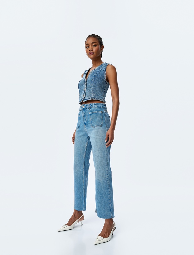 İspanyol Paça Düğmeli Normal Bel Denim Pantolon -  Flare Jeans_1