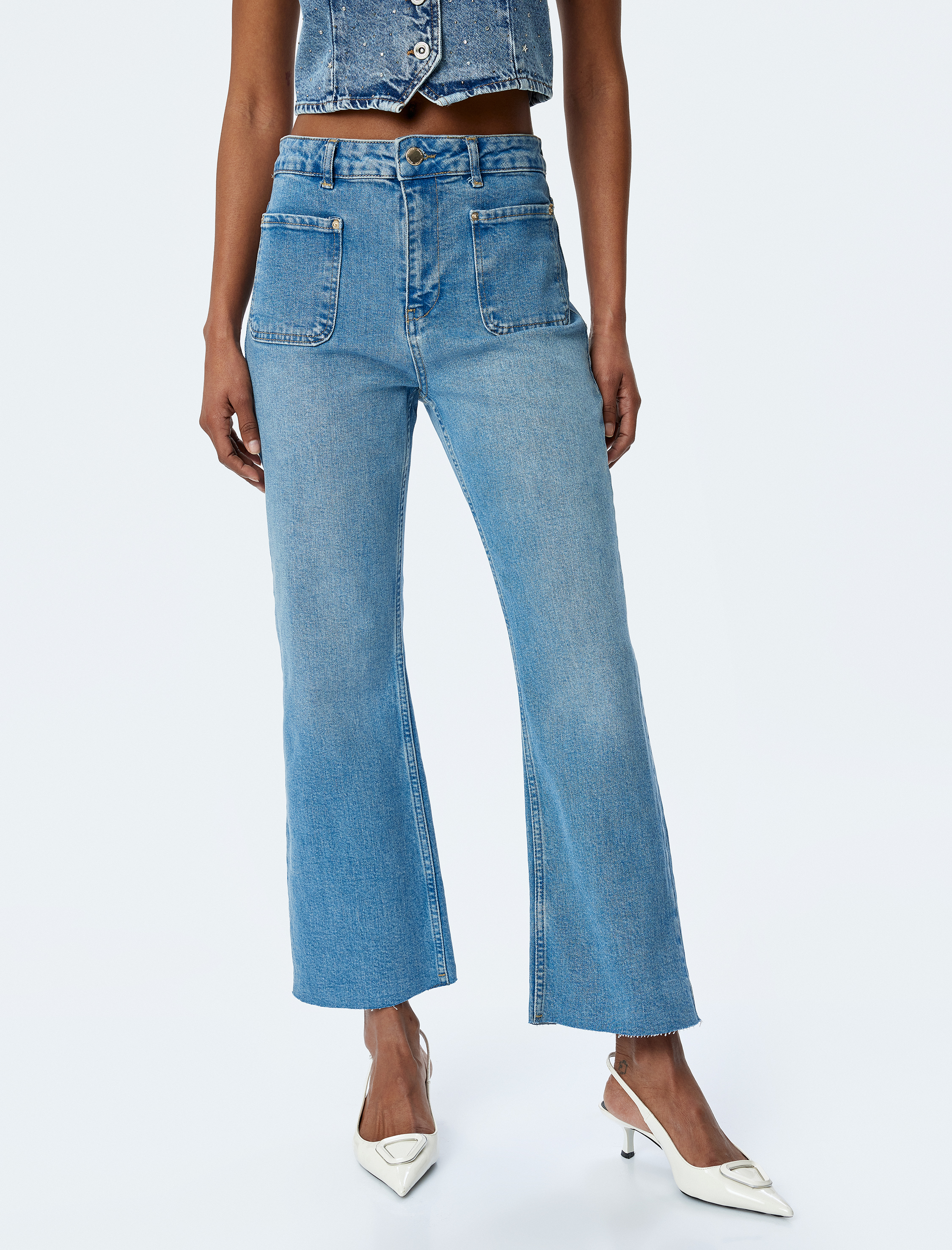   İspanyol Paça Düğmeli Normal Bel Denim Pantolon -  Kick Flare Jeans