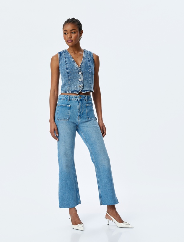 İspanyol Paça Düğmeli Normal Bel Denim Pantolon -  Flare Jeans_0