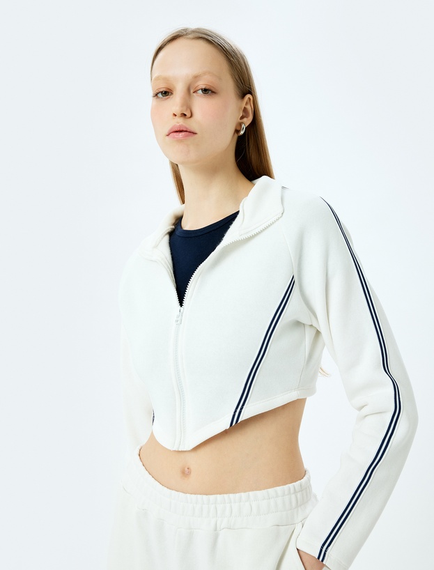 Uzun Kollu Şerit Detaylı Fermuarlı Crop Sweatshirt_0