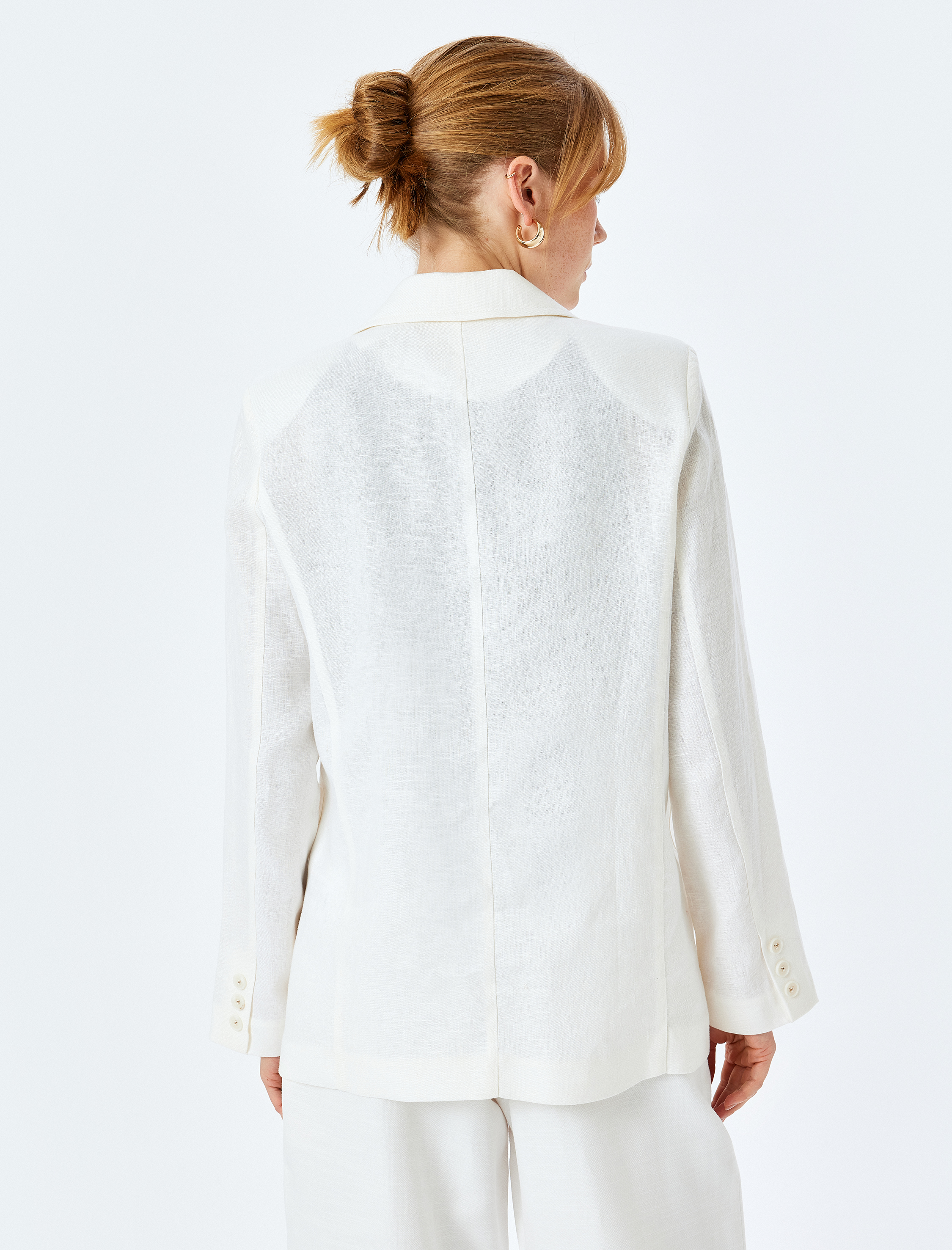   Uzun Kollu Cepli Astarsız Kruvaze Oversize Keten Blazer Ceket