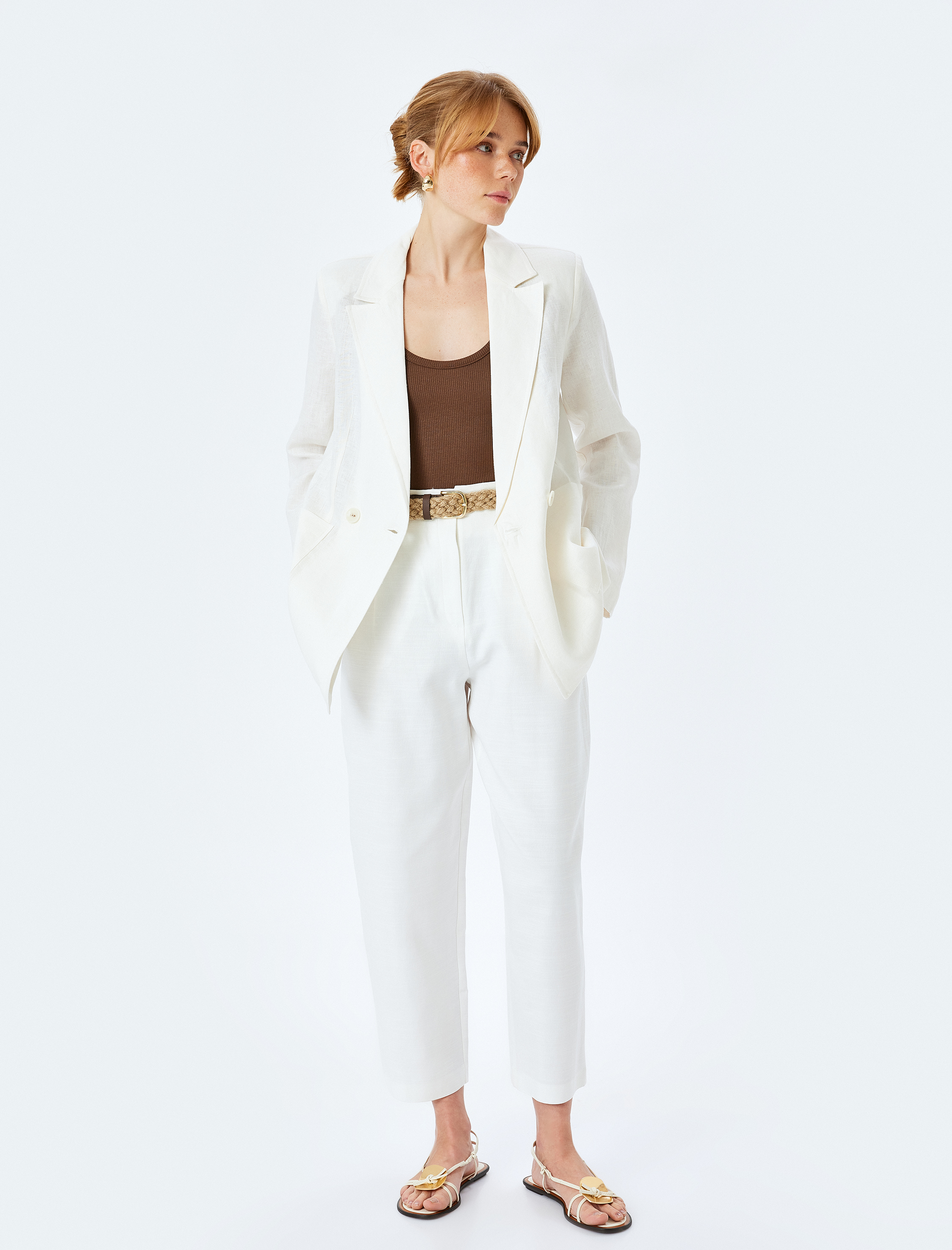   Uzun Kollu Cepli Astarsız Kruvaze Oversize Keten Blazer Ceket