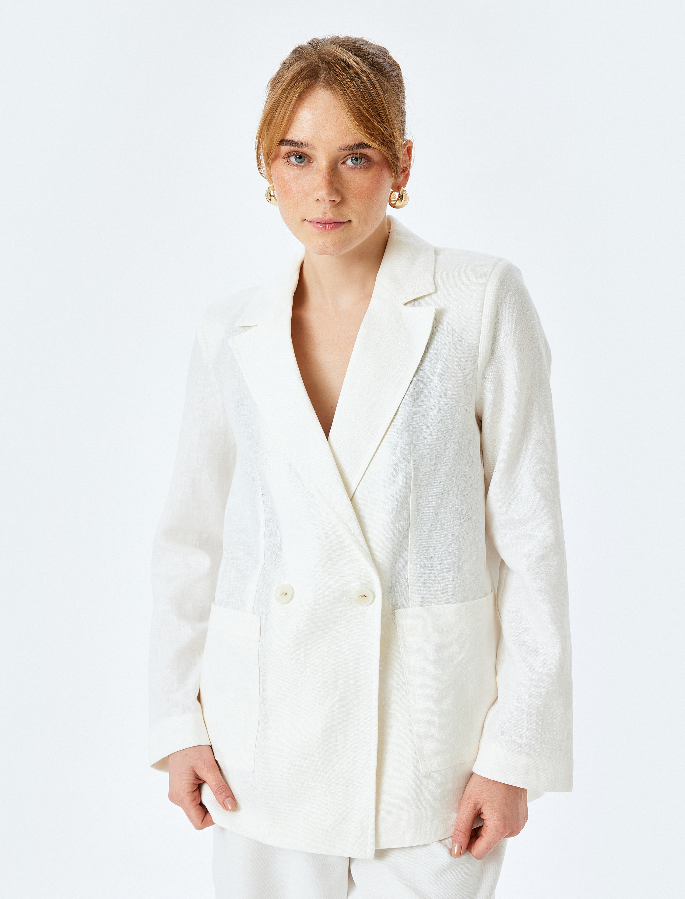   Uzun Kollu Cepli Astarsız Kruvaze Oversize Keten Blazer Ceket